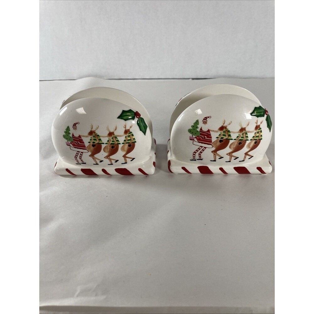 Collections Santa Reindeer Napkin Holder Set Of 2 Holly Tree Candy Cane Vintage - Picture 4 of 11